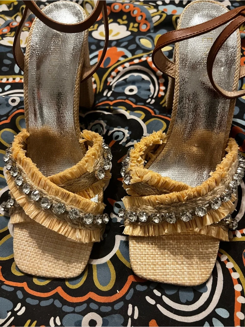 VENUS Tan Raffia Heeled Sandals with Crystal Trim